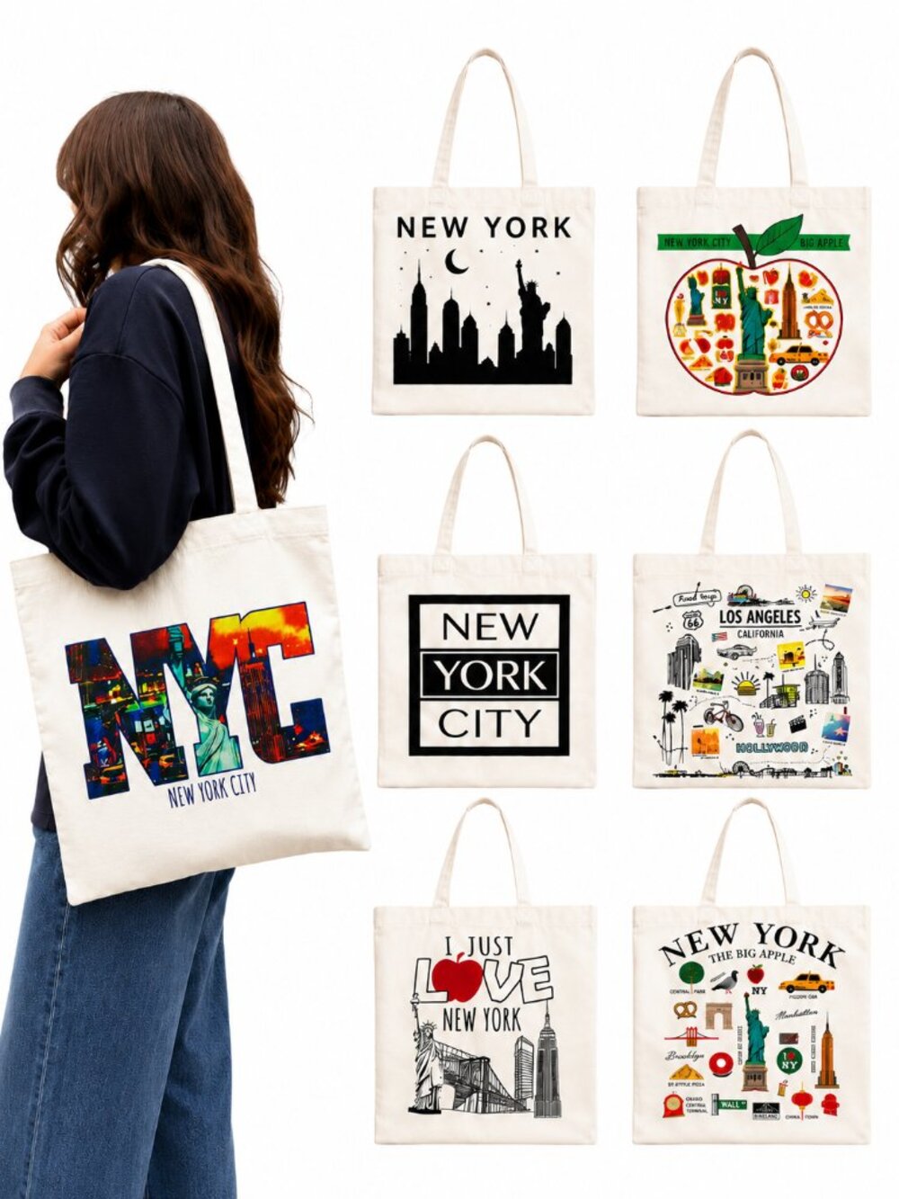 7 Pack Canvas Tote Bags NYC, LA Travel Print Reusable Shopping Shoulder Bags